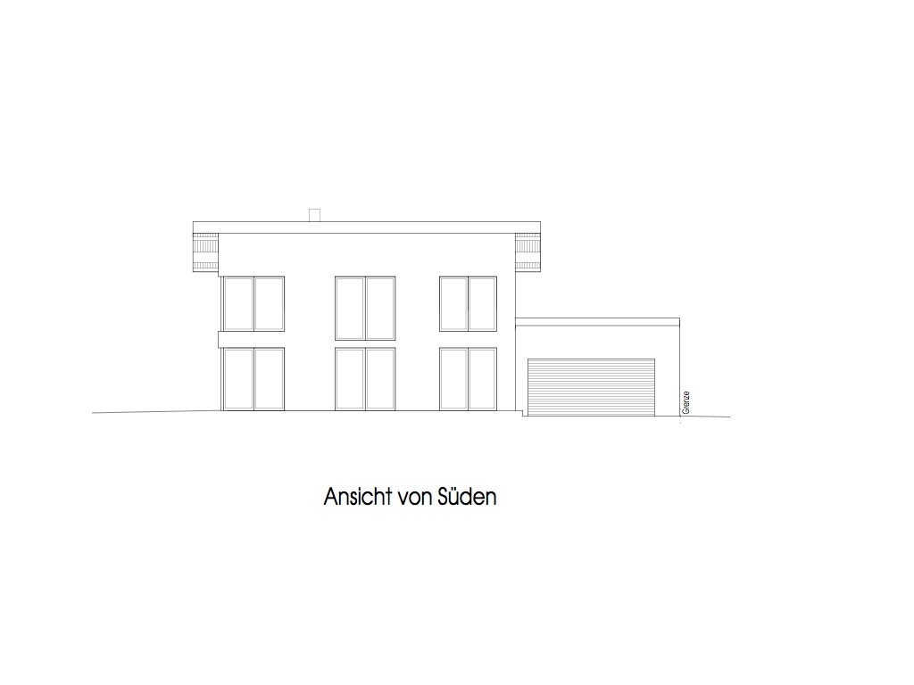 Südansicht eines modernen Hauses mit Garage und großen Fenstern