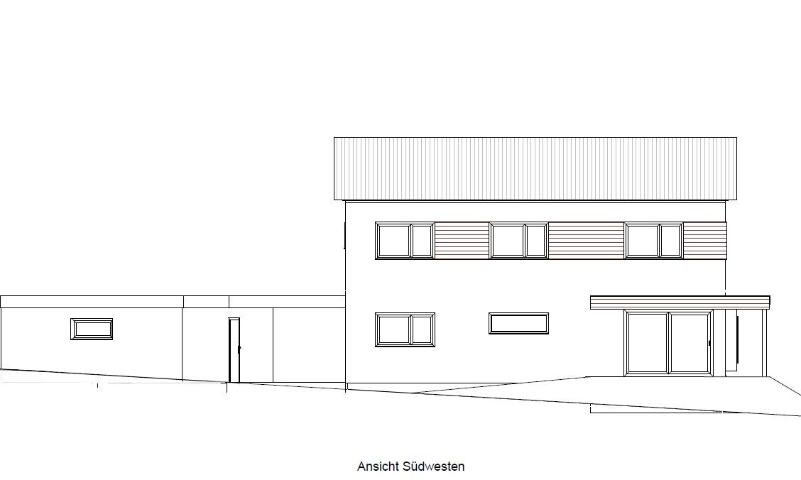 Südwestansicht eines modernen, zweigeschossigen Hauses mit Anbau links und großen Glasfenstern.