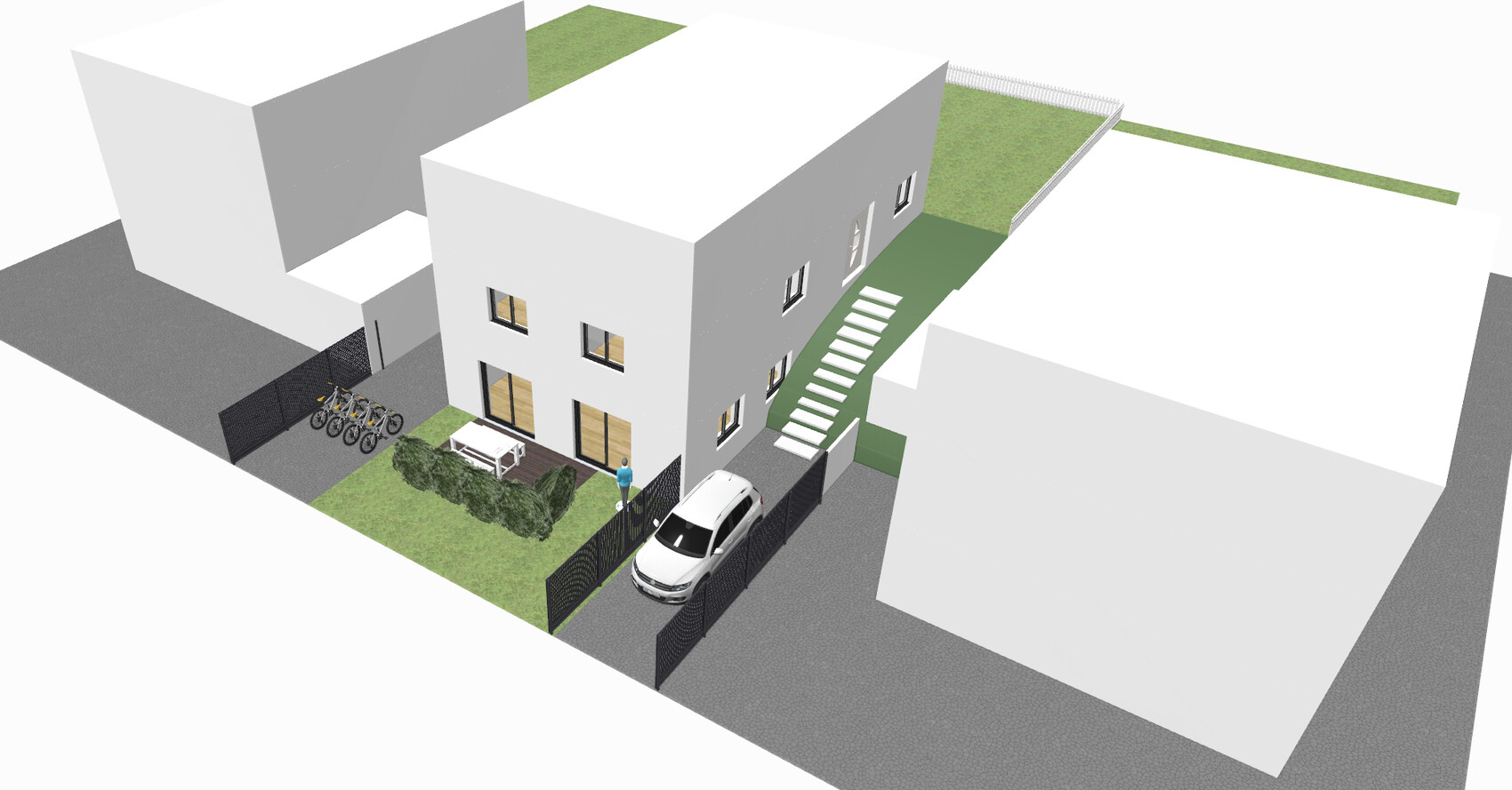 Weißes zweistöckiges Haus mit Garten, Zaun, Auto vor Eingang und Fahrradständer.
