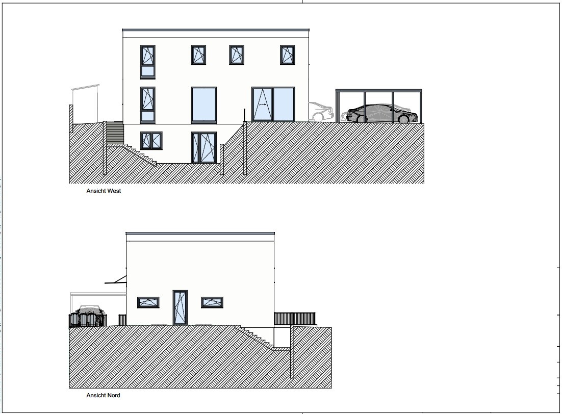 Architektenzeichnung: Haus auf Hang mit Terrasse, Carport und Stufen (West- und Nordansicht).
