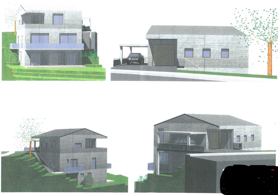 Moderne Wohnhäuser- und Garagen-Ansichten: Mehrere Perspektiven eines Gebäudekomplexes.