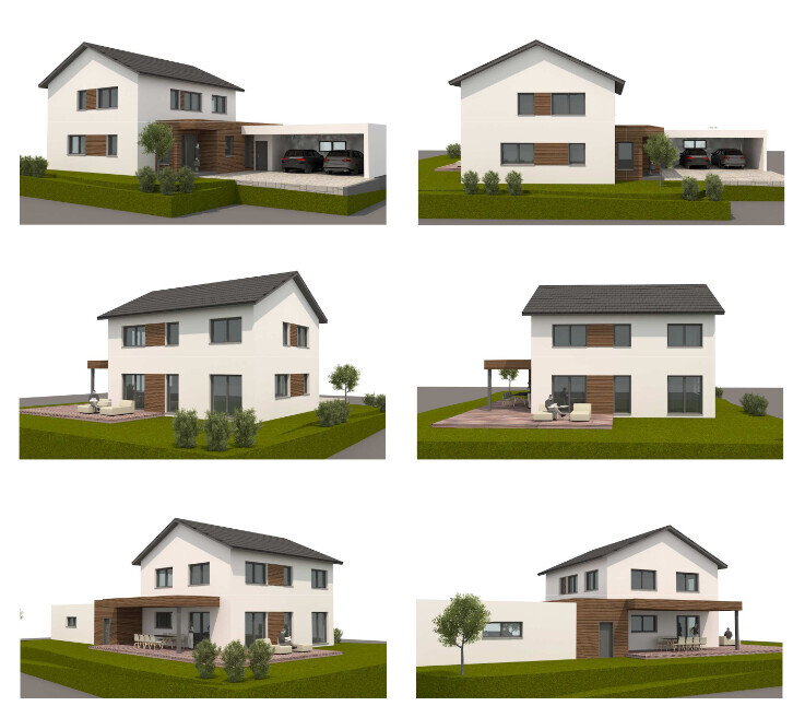 Sechs Ansichten eines modernen, zweigeschossigen Wohnhauses mit Carport, Garten und Terrasse.