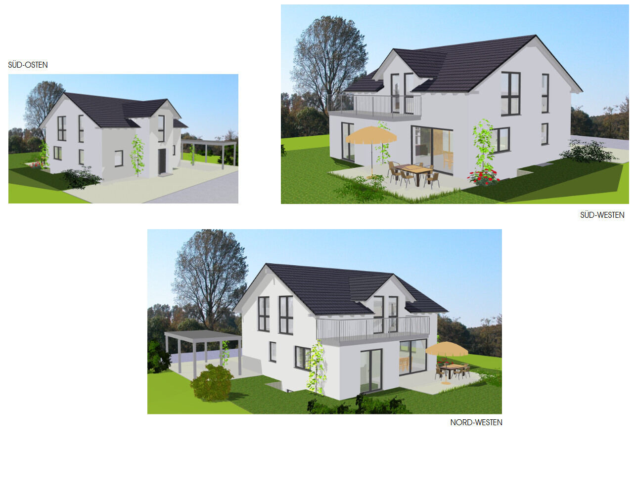 Drei 3D-Ansichten eines modernen weißen Hauses mit Terrasse und Garten.