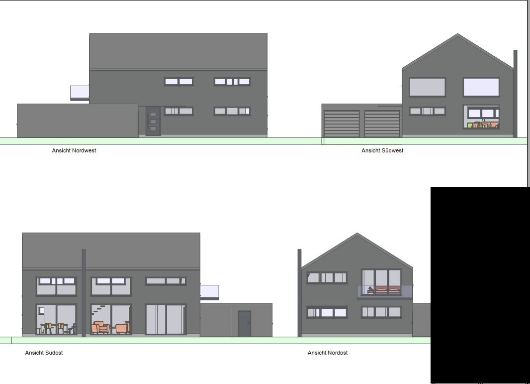 Architekturzeichnung: modernes Wohnhaus-Ensemble mit Garage; Ansichten NW, Südwest, Südost, Nordost