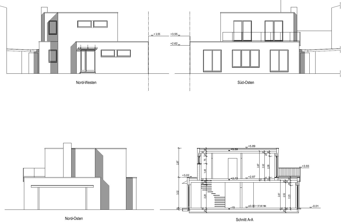 Moderne Villa Front- und Seitenansichten architektonische Zeichnung mit Fenstern und Türen