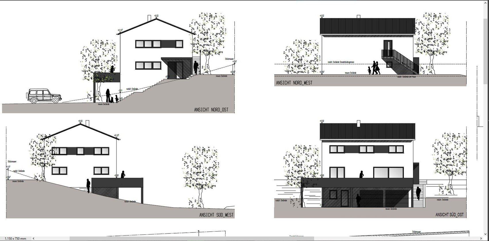 Vier Ansichten eines modernen Hauses auf Gefälle: Nordost/Nordwest/Südost/Südwest Treppen, Bäumen