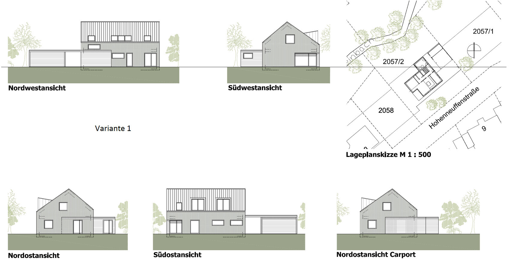 Architektur-Entwurf: mehrere Fassadenansichten eines Wohnhauses mit Lageplan.