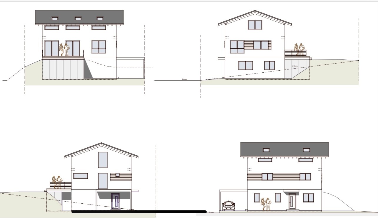 Vier Ansichten eines modernen Hauses in Hanglage mit Balkonen und Garage.