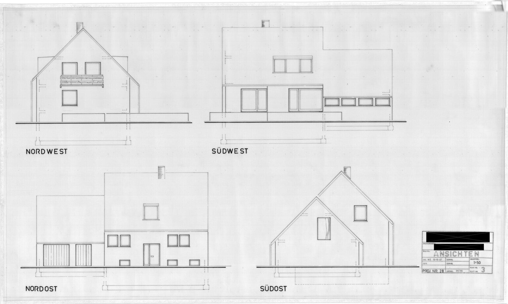 Vier Ansichten eines modernen Hauses: Nordost, Nordwest, Südost, Südwest