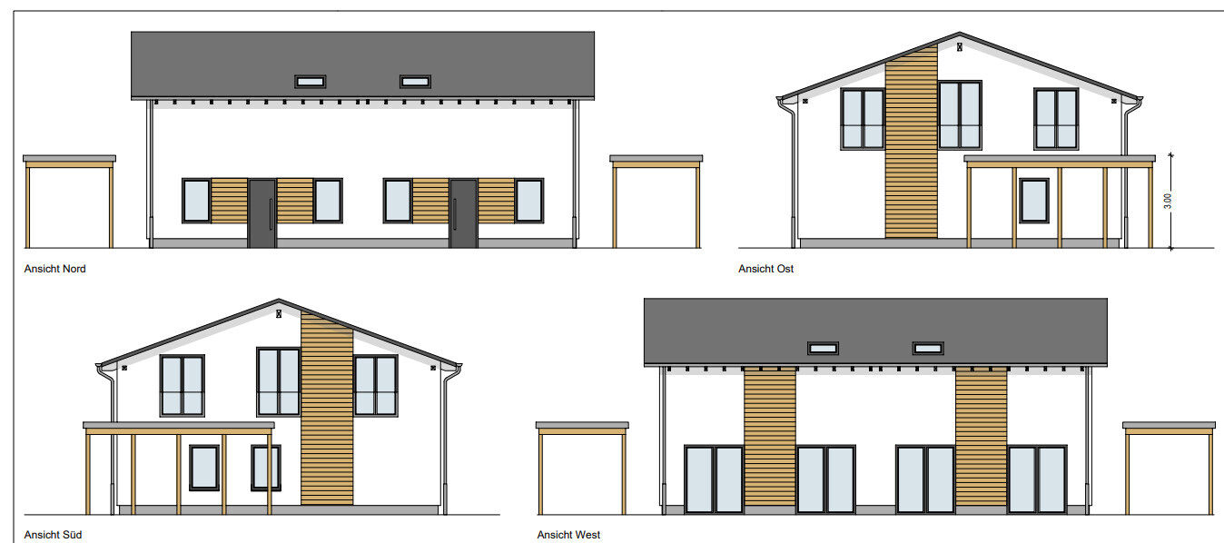 Ansichten eines zweigeschossigen Hauses: Nord-, Ost-, Süd- und Westfassade mit Holzverkleidung.