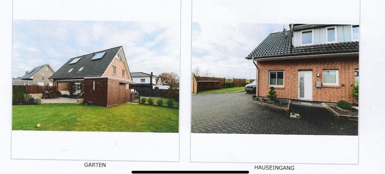 Zwei Ansichten: links Garten mit Rasen und Schuppen, rechts Eingangsbereich vor Einfahrt.
