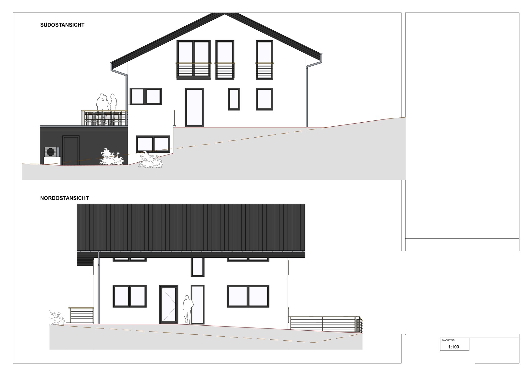 Modernes Haus am Hang: Südostansicht mit Balkonen, Nordostansicht mit dunklem Dach.