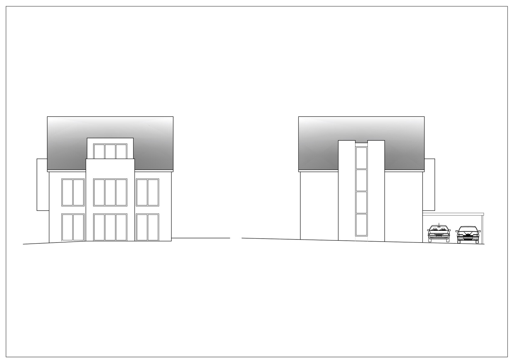 Zwei moderne Häuser nebeneinander mit vielen Fenstern und Garage mit zwei Autos.