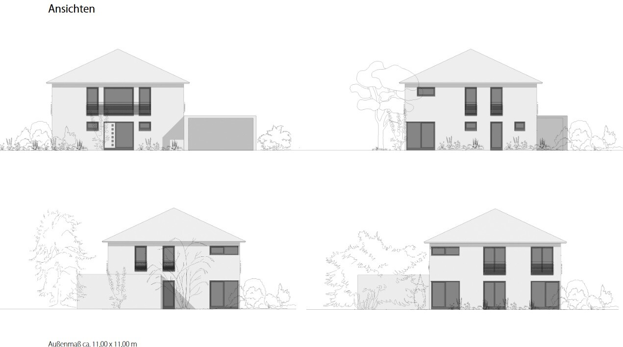 Vier Ansichten eines zweigeschossigen Hauses mit Satteldächern, Fensterfronten und Garten.