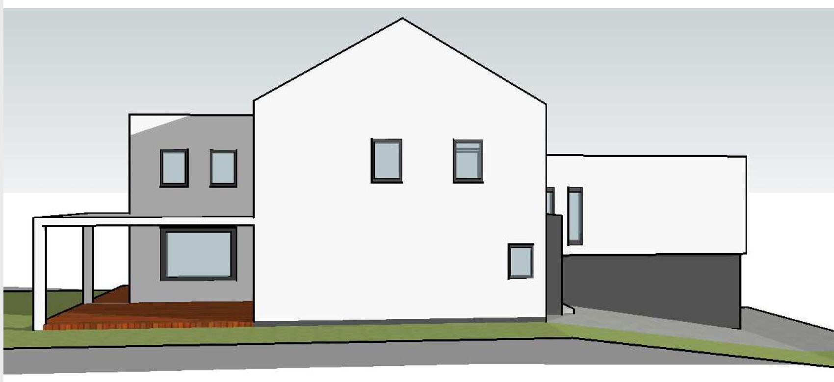 Moderne Hausfront mit weißem Mittelteil und Giebel, grauem Anbau links, Holzterrasse vorne.