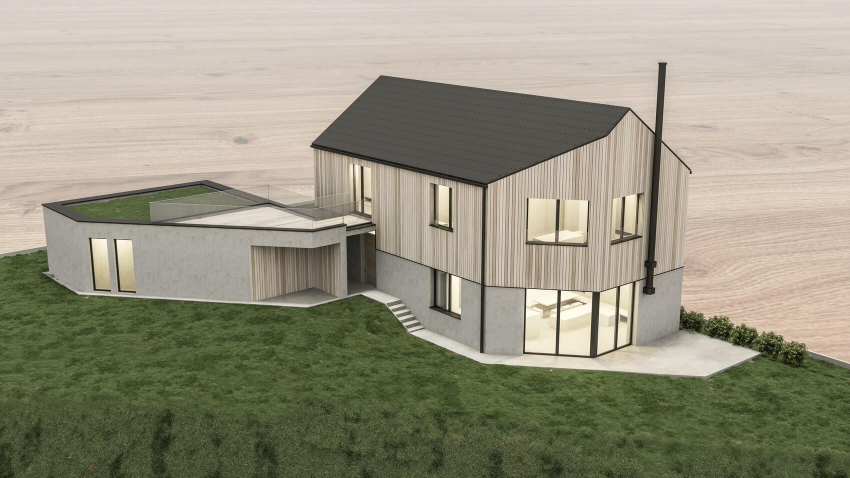 Moderne zweistöckige Villa mit Holzwand, großen Glasfronten, Terrassen und grünem Dachgarten links.