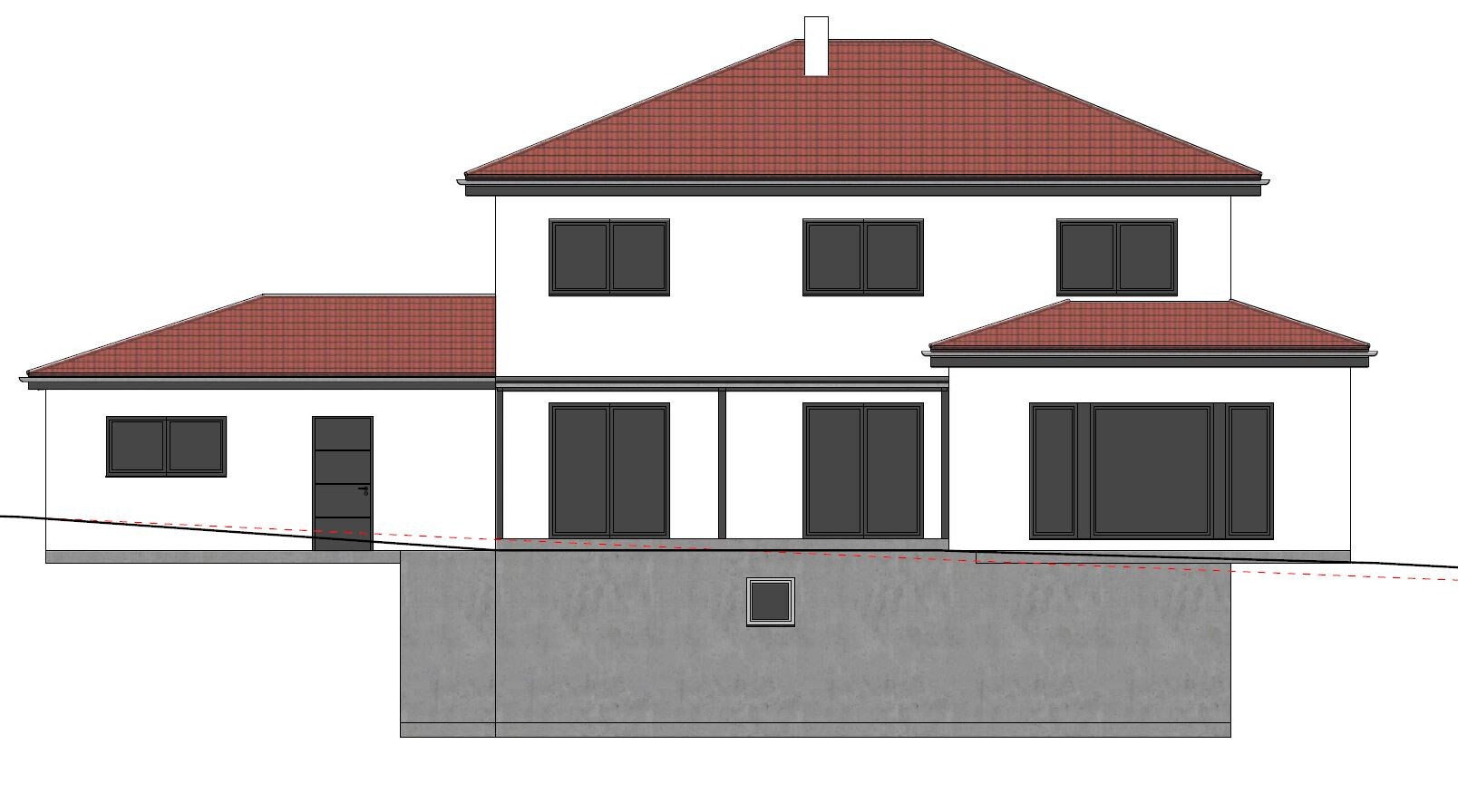 Vorderansicht eines mehrteiligen Hauses mit rotem Ziegeldach, weißen Wänden und Kellerfenster.