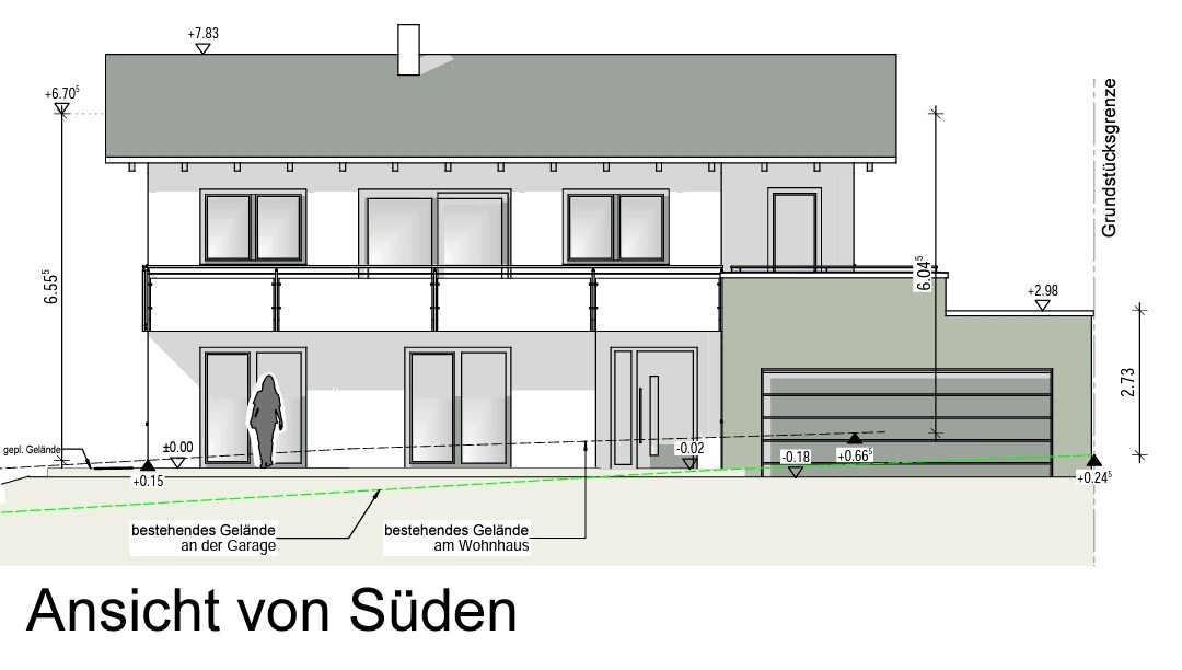 Ansicht von Süden eines zweigeschossigen Hauses mit Garage und Balkon