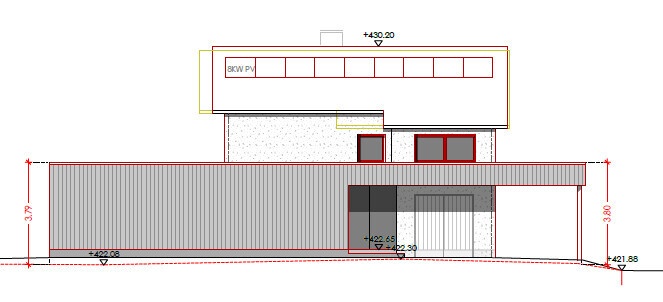 Architekturansicht eines modernen Hauses mit Flachdach, großer Fensterfront und Carport
