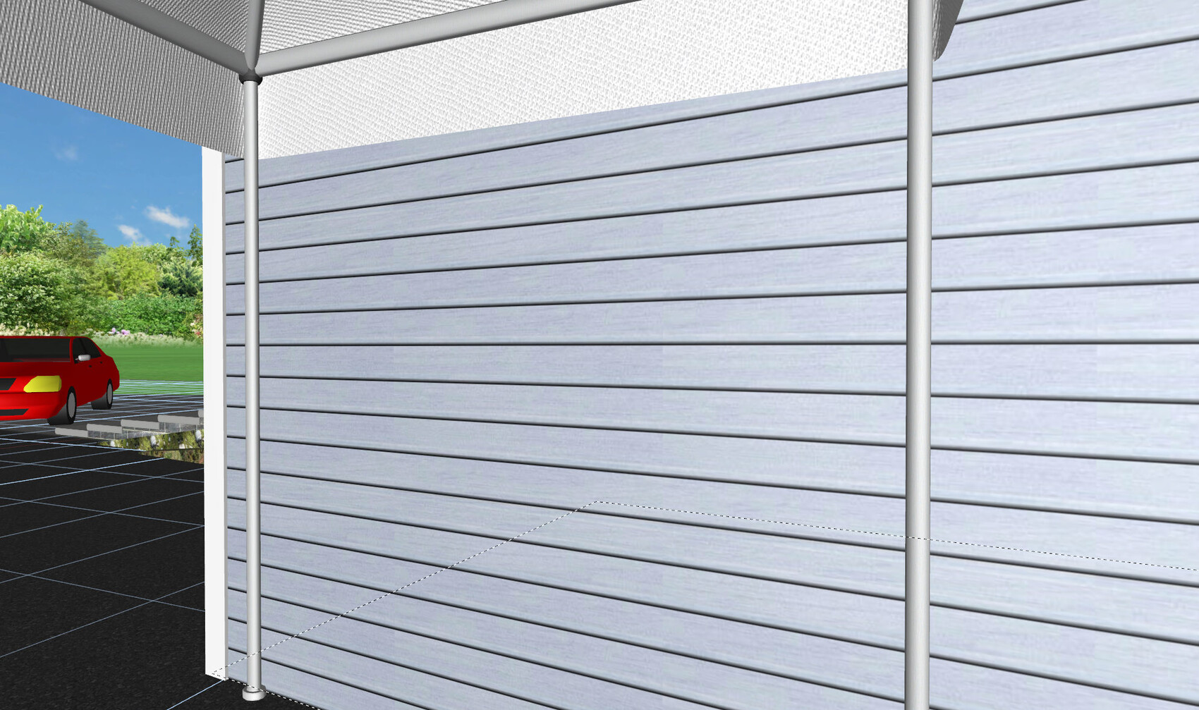Außenansicht: graue horizontale Holzverkleidung, Metallpfosten, roter Pkw auf Parkplatz.