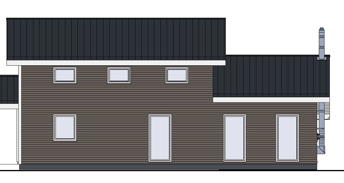 Modernes Holzhaus mit dunklem Metall-Dach, mehreren Fenstern und Kamin.