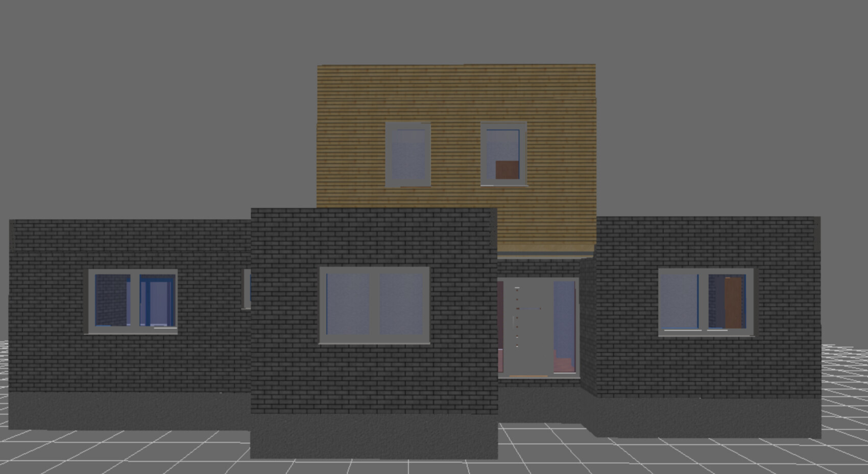 3D-Ansicht einer modernen Hausfassade mit dunklem Backstein und Holzverkleidung