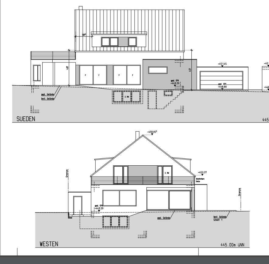 Architekturzeichnung: modernes Einfamilienhaus mit Garage, Ansichten Süden und Westen.
