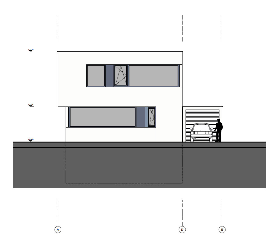 Moderne zweigeschossige Hausfassade mit Garage und Auto, architektonische Zeichnung.