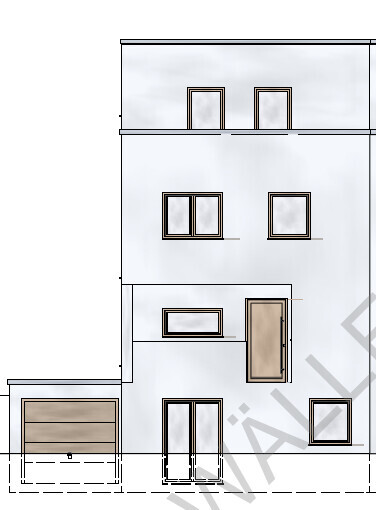Moderne dreistöckige Hausfassade mit Garage, Eingangstür und Fenstern.