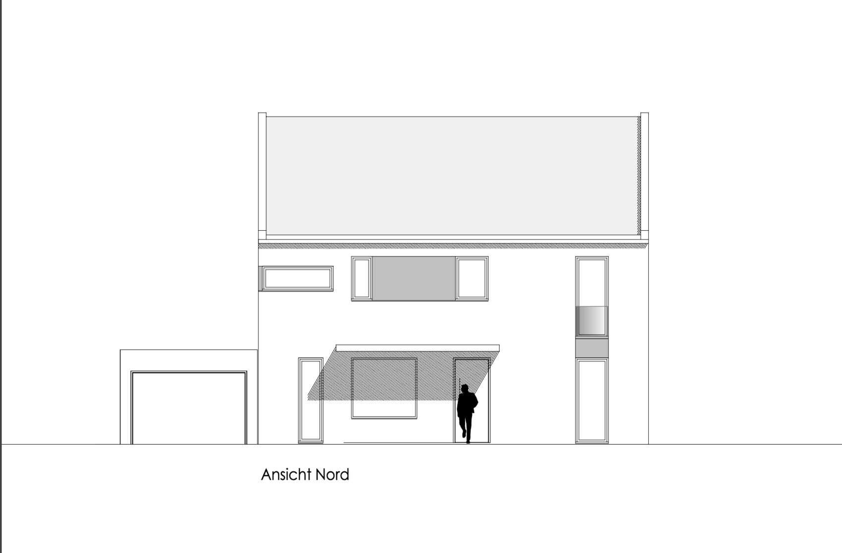 Nordansicht eines modernen Hauses mit Garage links, Vordach am Eingang und einer Person vor der Tür