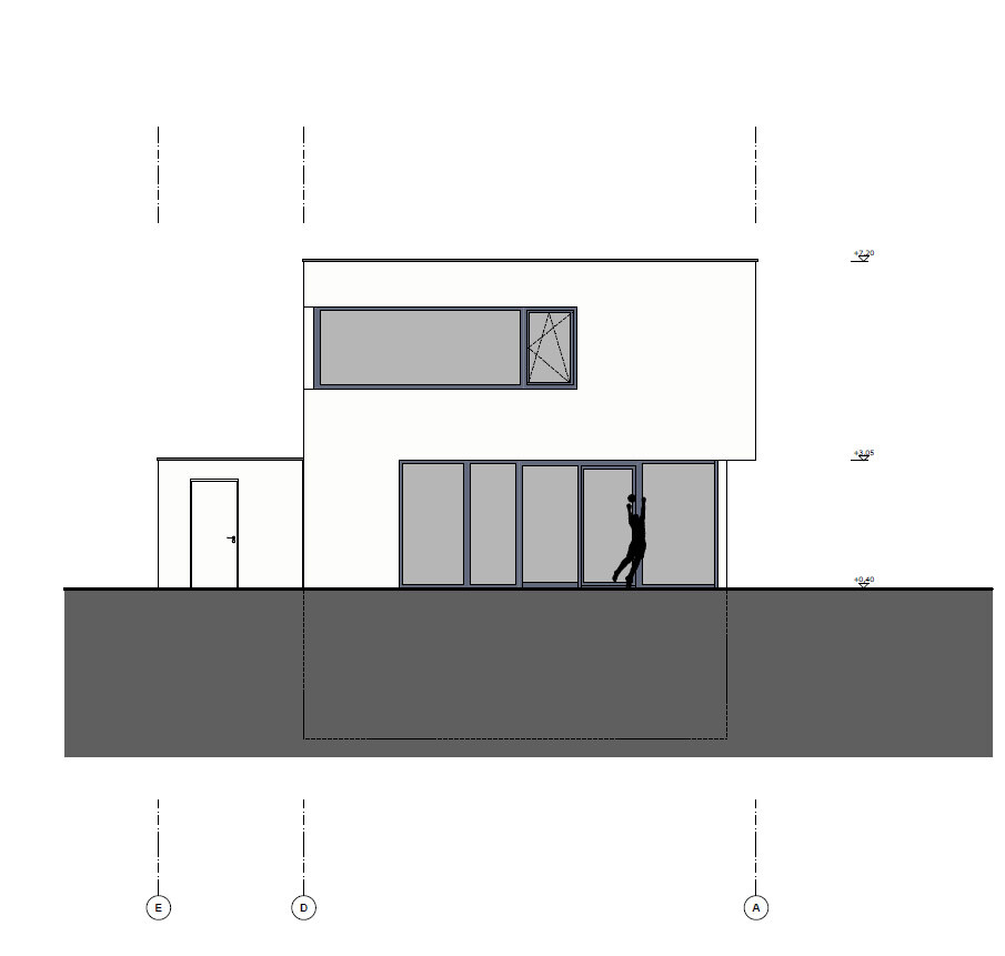 Moderne zweigeschossige Hausfassade mit großen Glasfronten und Eingangsbereich
