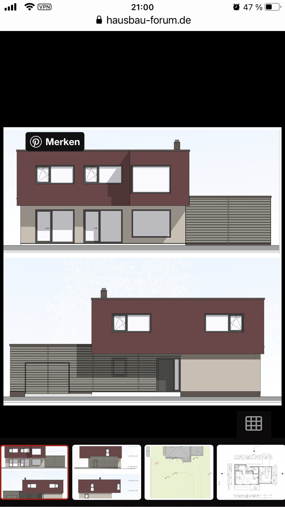 Zweistöckiges Haus-Entwurf: braunes Obergeschoss, beiges Erdgeschoss, große Fenster.