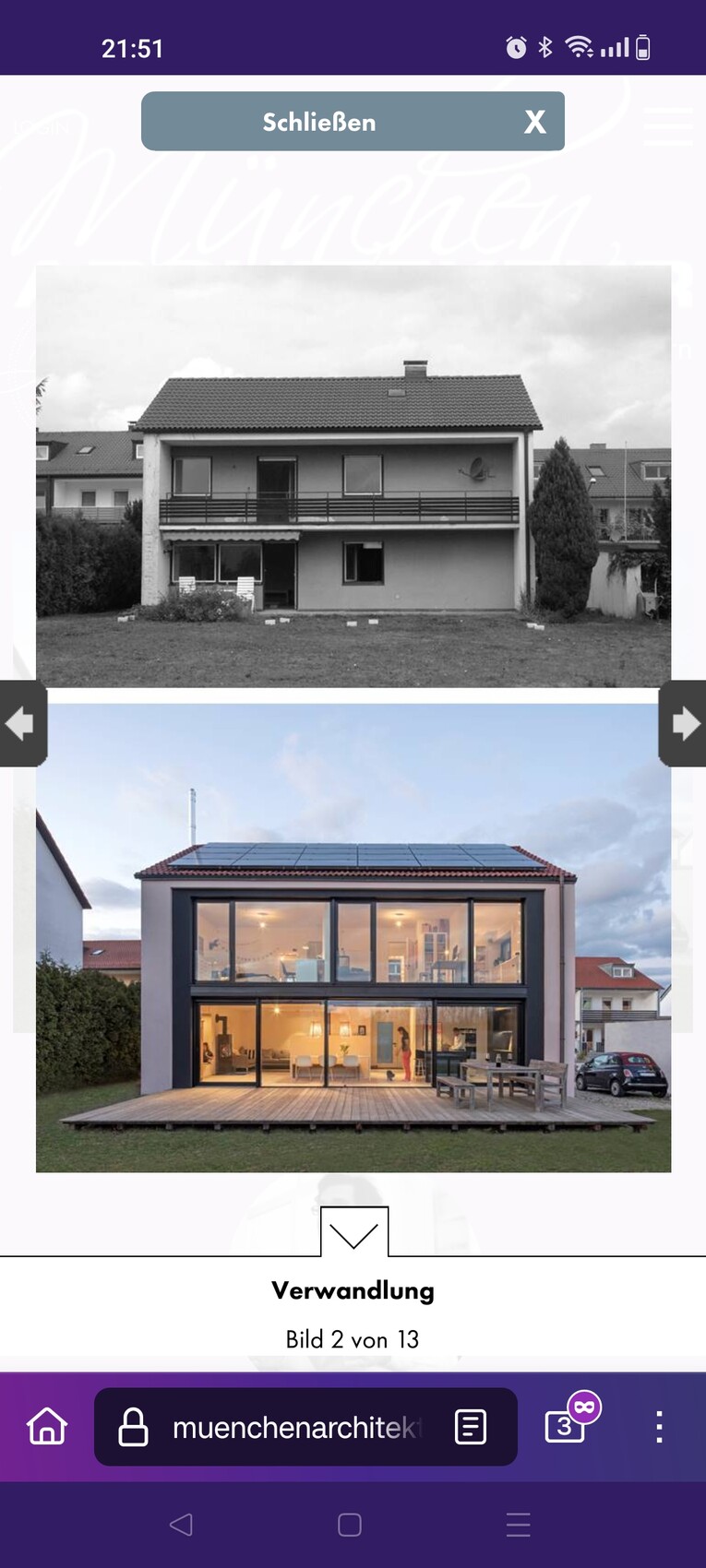 Modernes zweistöckiges Haus mit großen Glasfronten, Holzdeck und Garten.