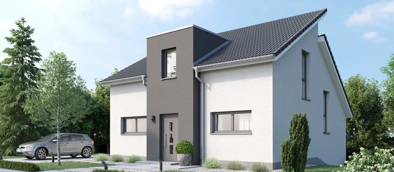 Modernes, zweistöckiges Einfamilienhaus mit dunkler Zentralfassade, Eingang, links Auto.