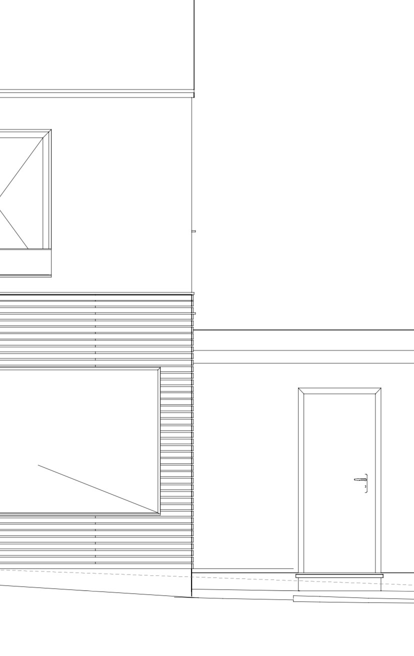 Moderne Gebäudefassade als Linienzeichnung mit Fenster links und Tür rechts.