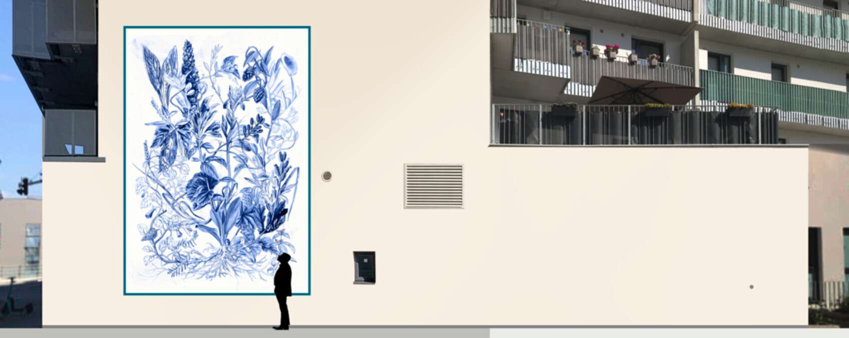 Außenfassade eines Mehrfamilienhauses mit großem blauen Pflanzenmotiv Wandkunst und Balkon