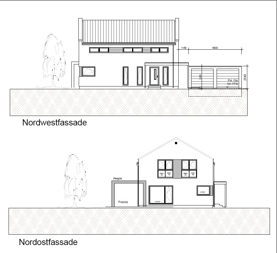 Zwei Fassadenansichten eines Hauses: Nordwest- und Nordostfassade mit Garage und Pergola.