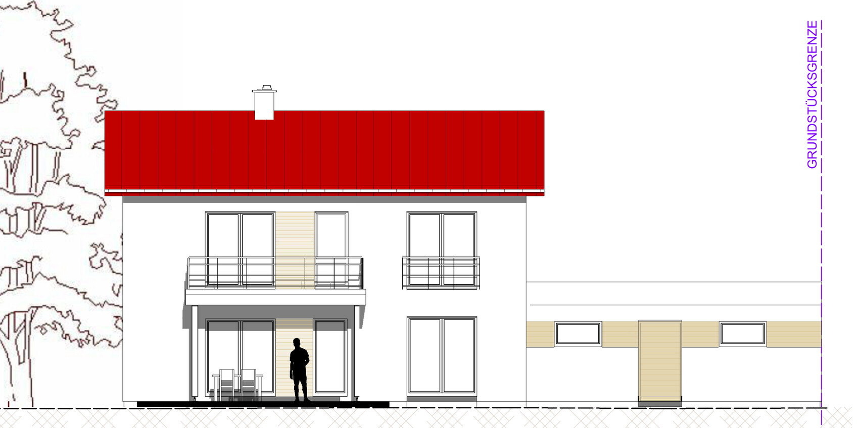 Zweigeschossiges Haus mit rotem Dach, Balkon, Terrasse und einer Person am Eingang