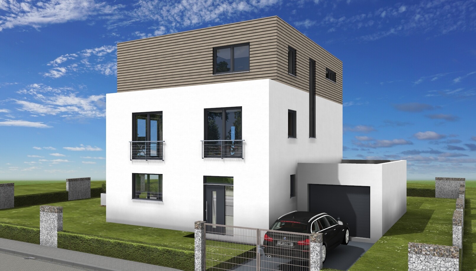 Moderne weiße Villa mit braunem Obergeschoss, Balkonen, Garage und geparktem Auto vor dem Haus.