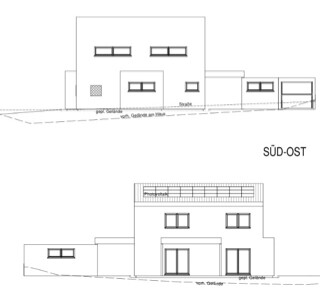 Architekturzeichnung: zweigeteilte Gebäudefassade nach Südost mit Fenstern und Türen