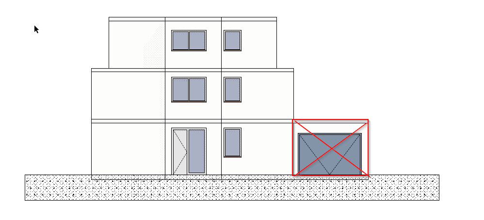 Mehrstöckiges Gebäudemodell mit mehreren Fenstern; rechts Garage im roten Rahmen mit Kreuzmarkierung.