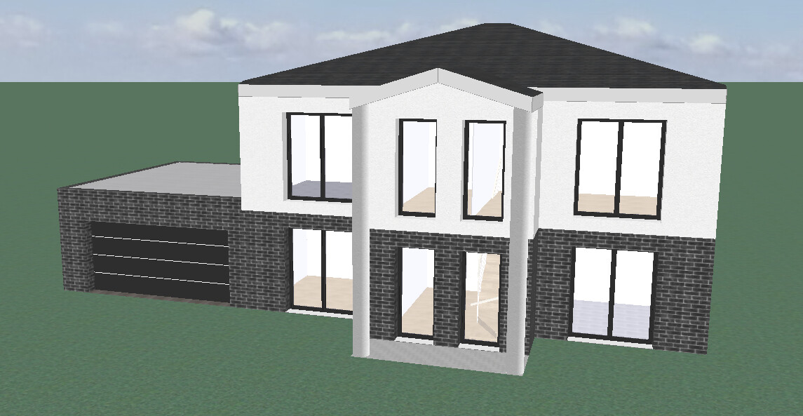 Moderne zweigeschossige Hausfront mit Garage und großen Fenstern auf Grünfläche.