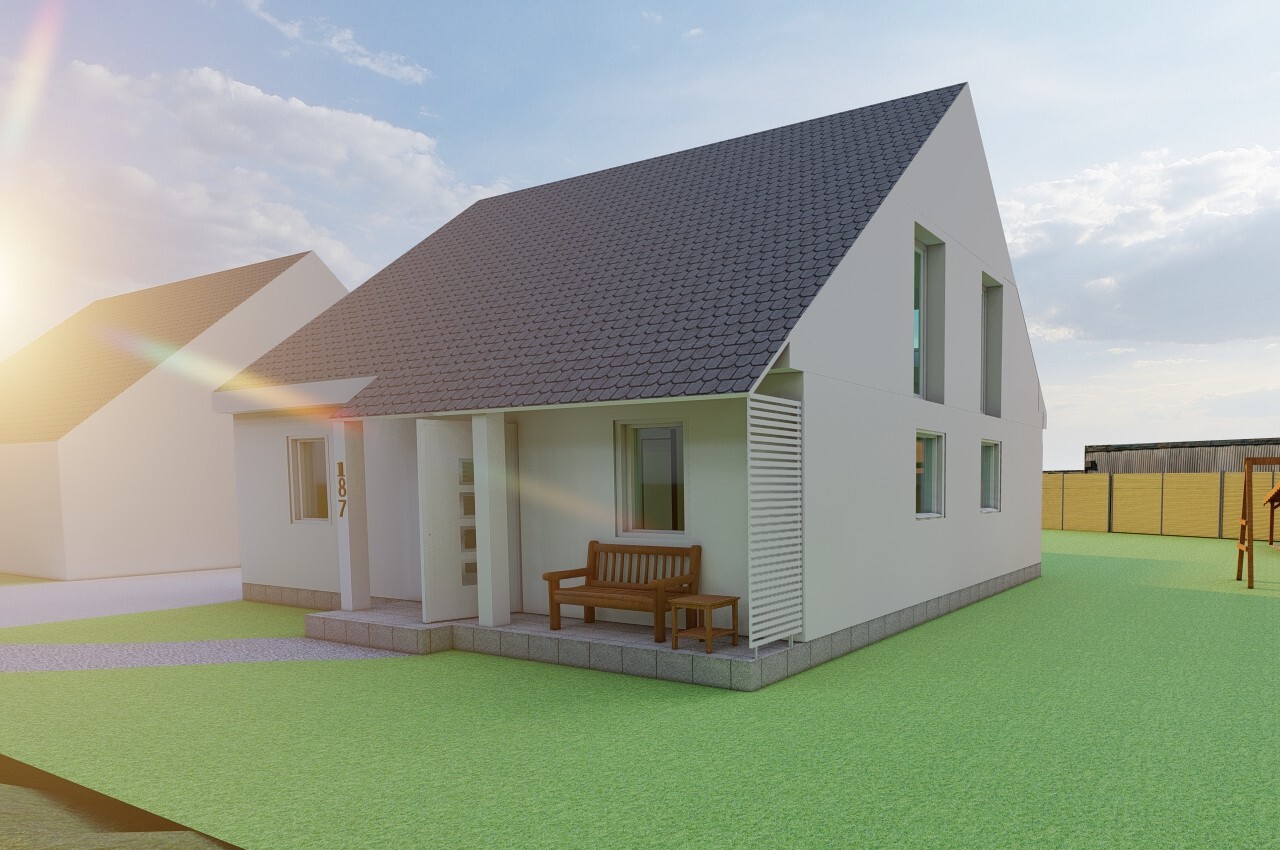 Modernes weißes Einfamilienhaus mit schrägem Ziegeldach, Veranda und Holzbank vor Tür auf grünem Rasen
