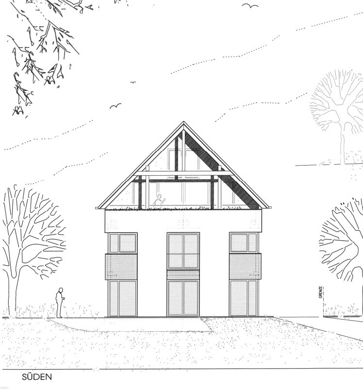 Architektonische Frontansicht eines dreigeschossigen Hauses mit Satteldach und Bäumen; Süden.