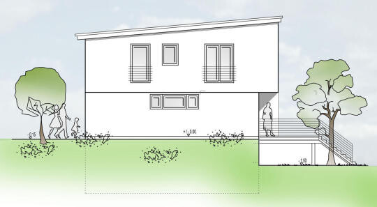Moderne zweistöckige weiße Villa mit Flachdach, Balkonen, Garten mit Sträuchern und Treppe rechts.