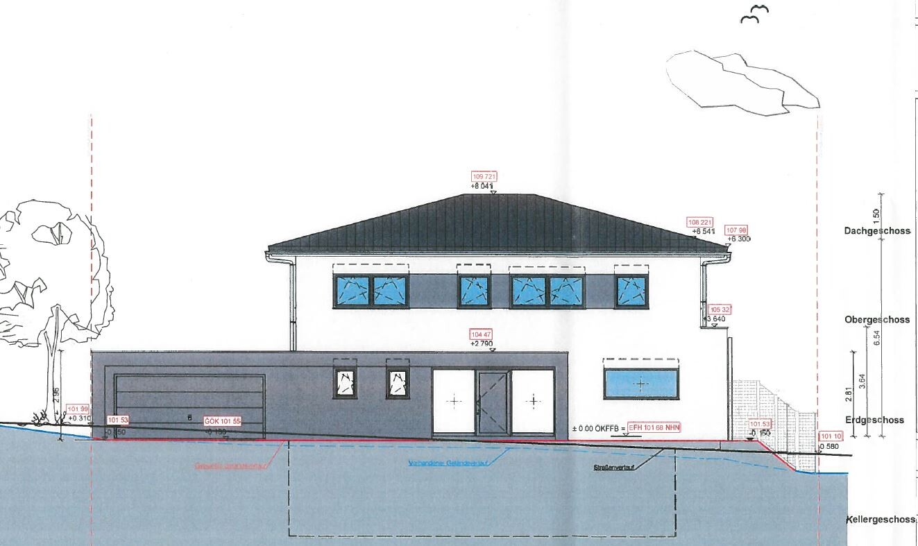 Moderne Hausansicht: Garage links, Eingangsbereich und Fensterreihe unter dem Dach.