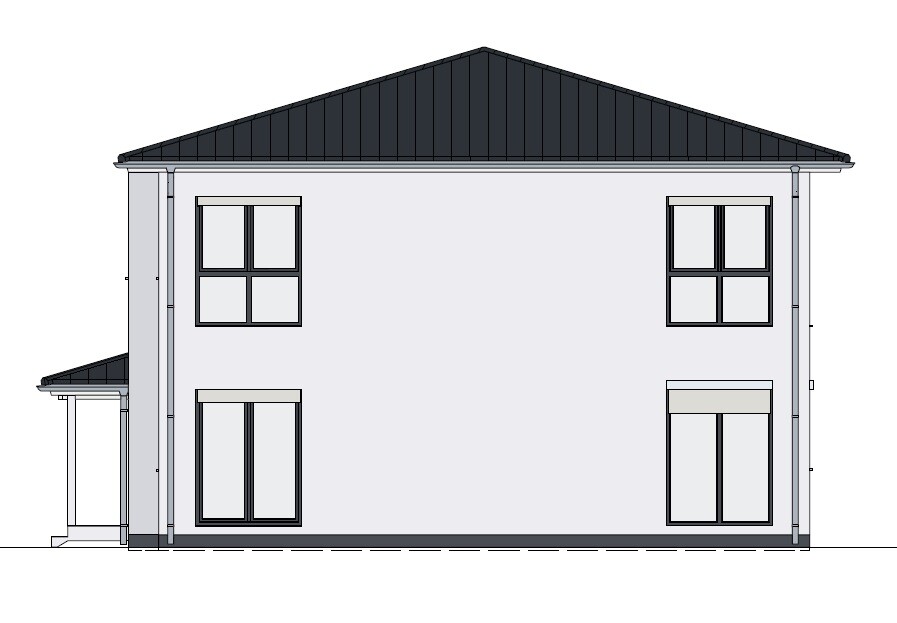 Zweistöckiges Haus mit dunklem Satteldach, hellgrauer Fassade und mehreren Fenstern.