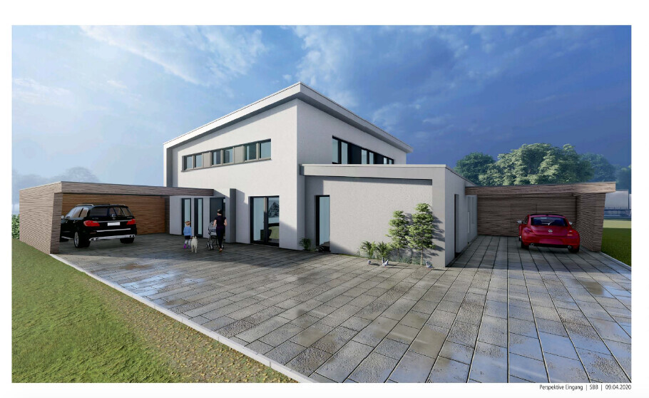 Moderne weiße Villa mit zwei Garagen, Autos und gepflasterte Einfahrt. Menschen am Eingang.