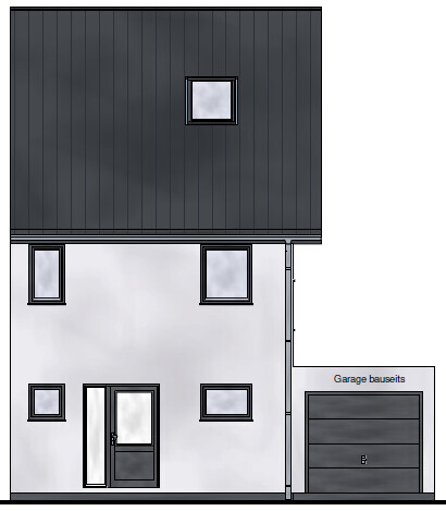 Zweistöckiges Haus von vorne mit dunklem Dach und integrierter Garage rechts.