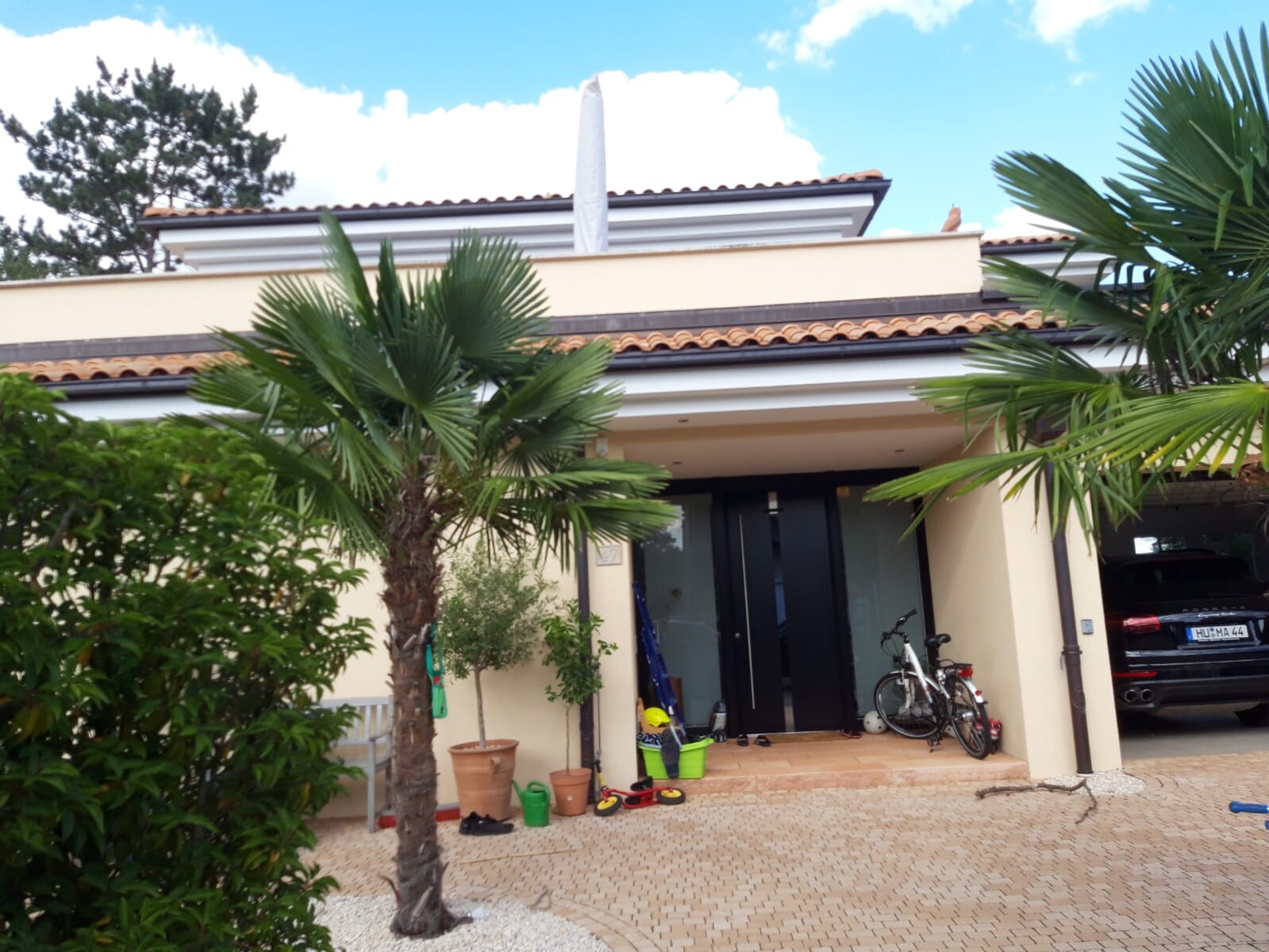 Moderne Hausfront mit Garage, Palmen, Fahrrad am Eingang und Gartengeräte.